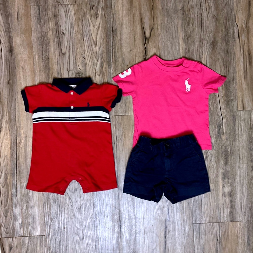 Ralph Lauren Baby Boy 3pc Lot Red Striped Romper Pink Big Pony Tee Navy Shorts